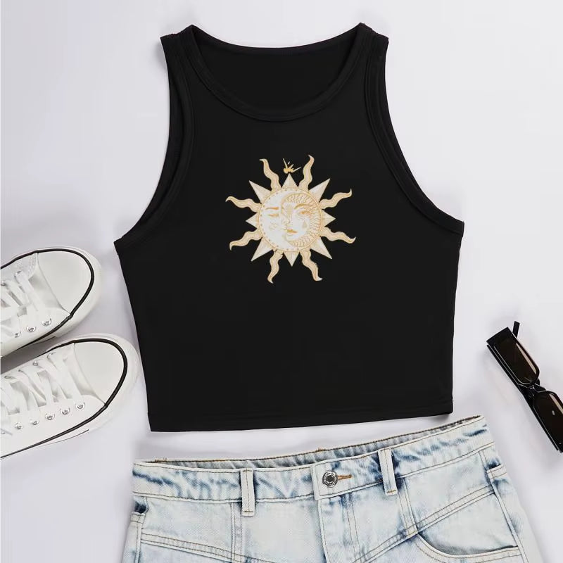 Printcess Women'S Y2K Cool Sleeveless round Neck Tank Top Cool Sun Graphic Print Short Vest Tee Cool Street Fashion Women Clothi