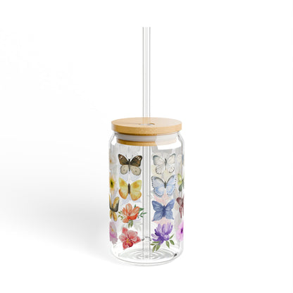 Glass Tumbler - Butterfly and Flower Colorful Pattern 16oz