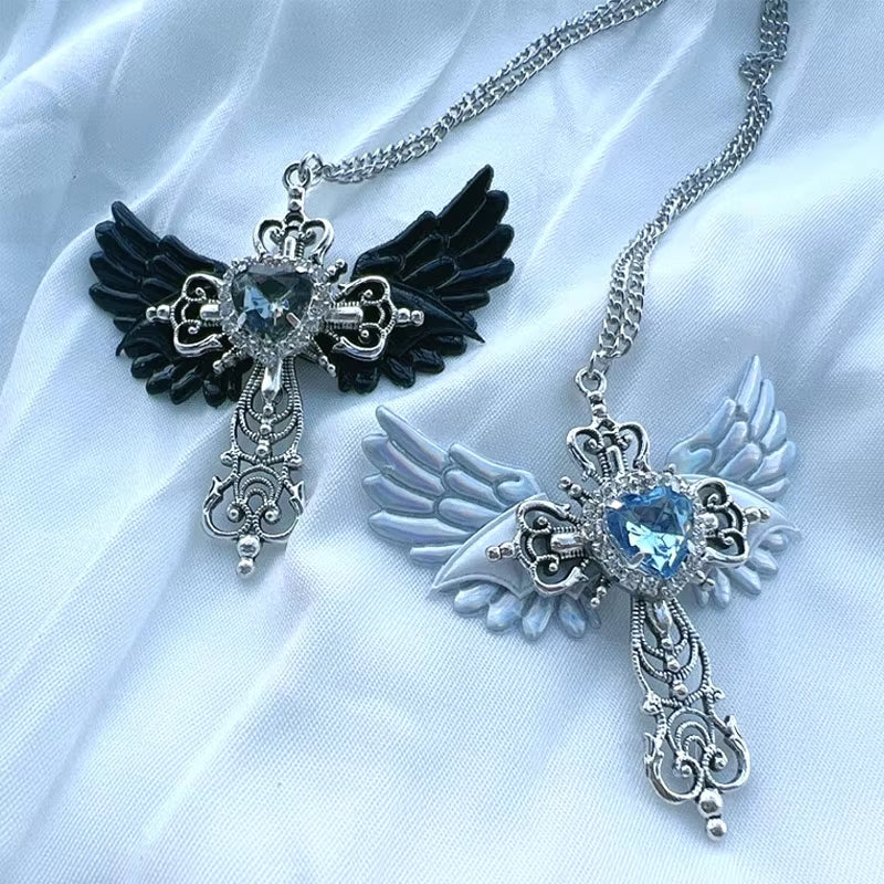 Goth Sexy Accessory Wings Cross Pendant Necklace Y2K Jewelry Heart Crystal Choker Punk Charm Necklace for Women Korean Fashion