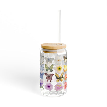 Glass Tumbler - Butterfly and Flower Colorful Pattern 16oz