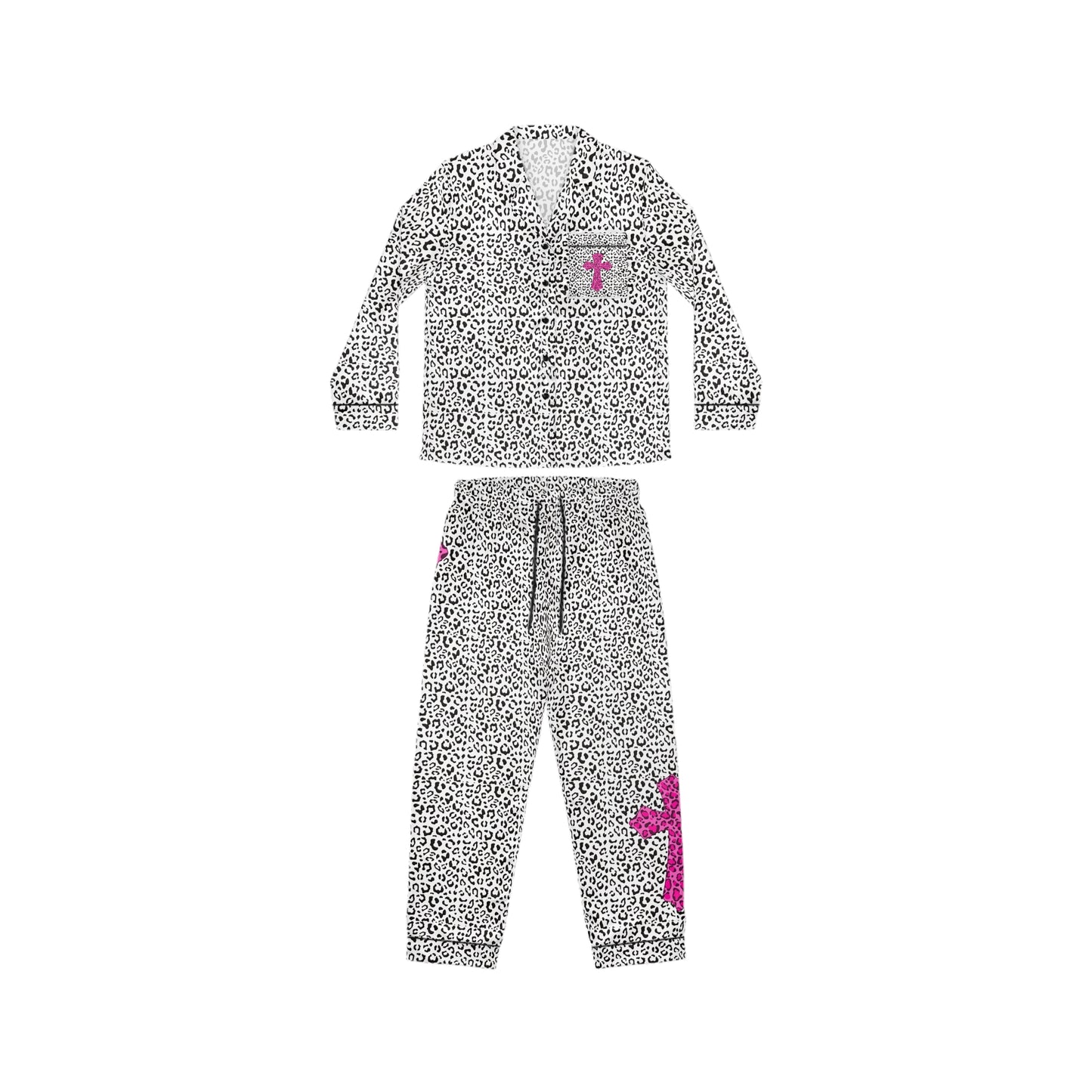 Leopard Print Hot Pink Cross Women's Satin Pajamas