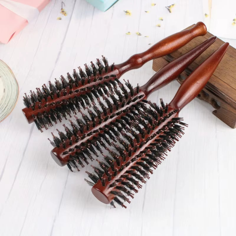 6 Style Natural Boar Bristle Hair round Brush Wood Handle round Barrel Hair Comb Hair Roller Brush Hairdressing Styling Tools