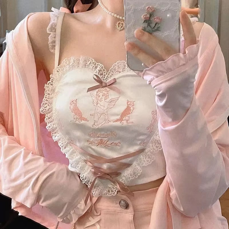 Y2K Summer Sling Tops Heart-Shaped Sweet Cute Girl Kawaii Lace Trim Bow inside a Sling Vest Lolita 90S Aesthetic Crop Top Women