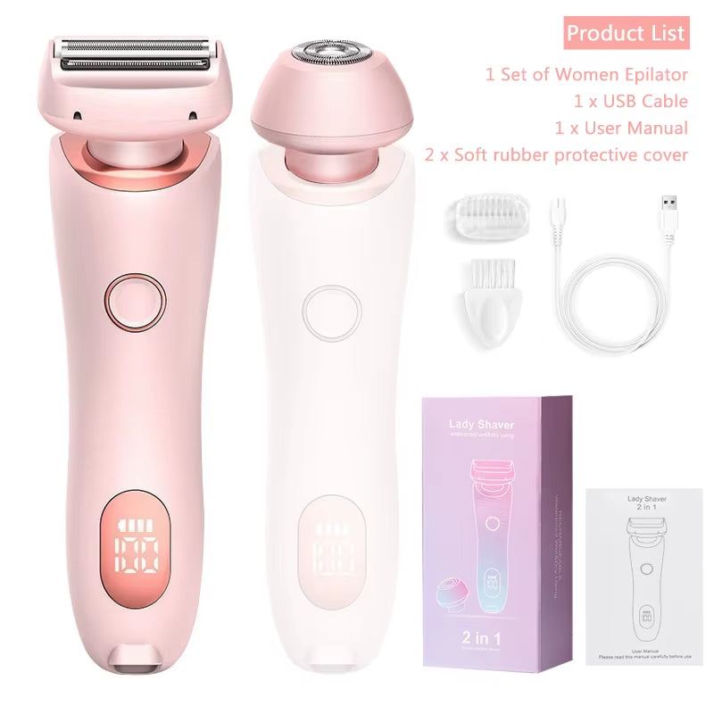 2 in 1 Women Shaver Tool Women Electric Epilator Waterproof Dual Head Electric Epilator Rechargeable Hair Remover for Face Body