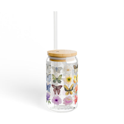 Glass Tumbler - Butterfly and Flower Colorful Pattern 16oz