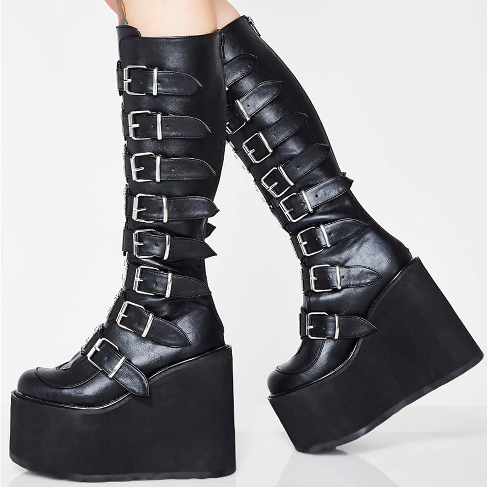 Women'S Punk Goth Platform Boots Buckle Straps Back Zipper Gothic Boots Ladies Rivets Metal Decoration Long Boots Knee High Tall Boots Combat Boots