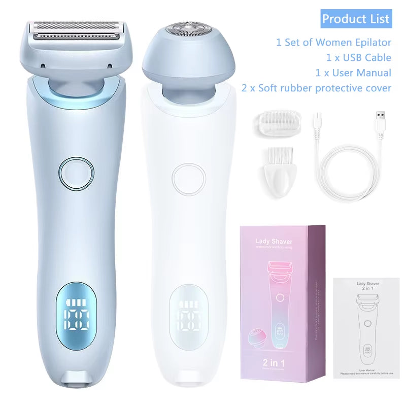 2 in 1 Women Shaver Tool Women Electric Epilator Waterproof Dual Head Electric Epilator Rechargeable Hair Remover for Face Body