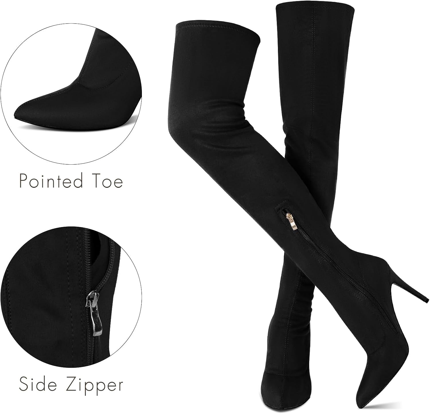 Thigh High Boots for Women Pointed Toe Stiletto over the Knee Boots Suede Side Zipper High Heel Boots