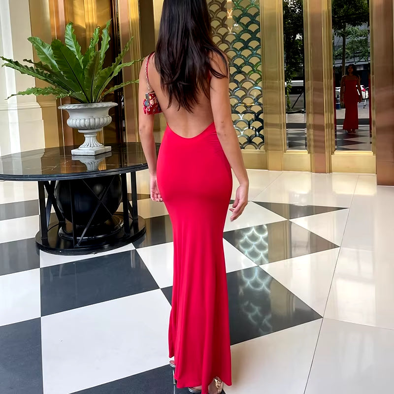 NASANGU 2025 Spring Solid Sleeveless Backless Elegant Sexy Bodycon Y2K Maxi Prom Dress Women Clothes Birthday Party Casual Y2K