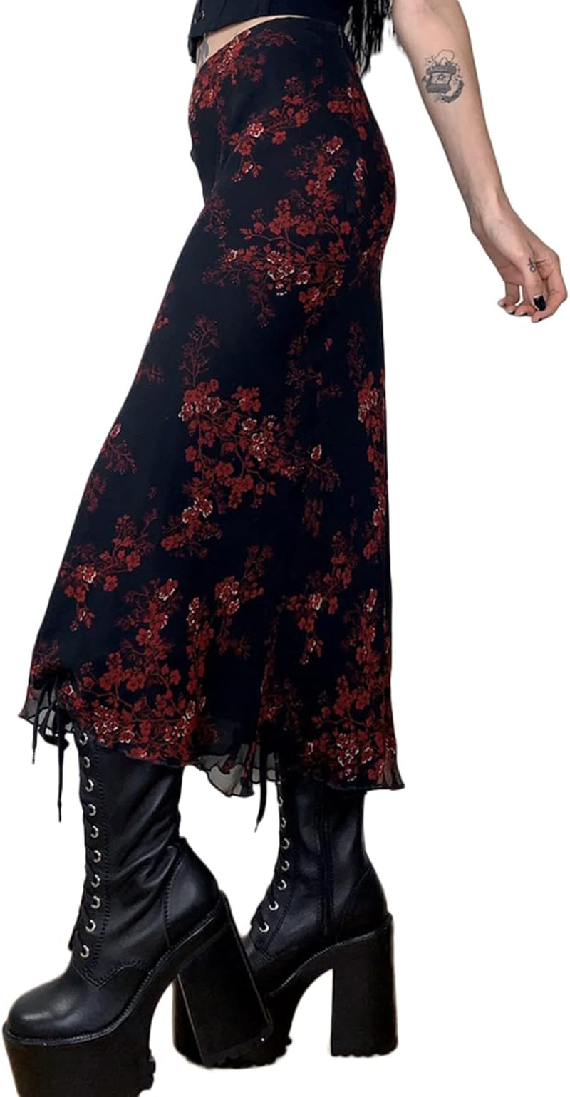 Women Y2K Fairy Grunge Midi Skirt Floral Print Vintage High Waist a Line Long Skirts Boho Fashion Streetwear