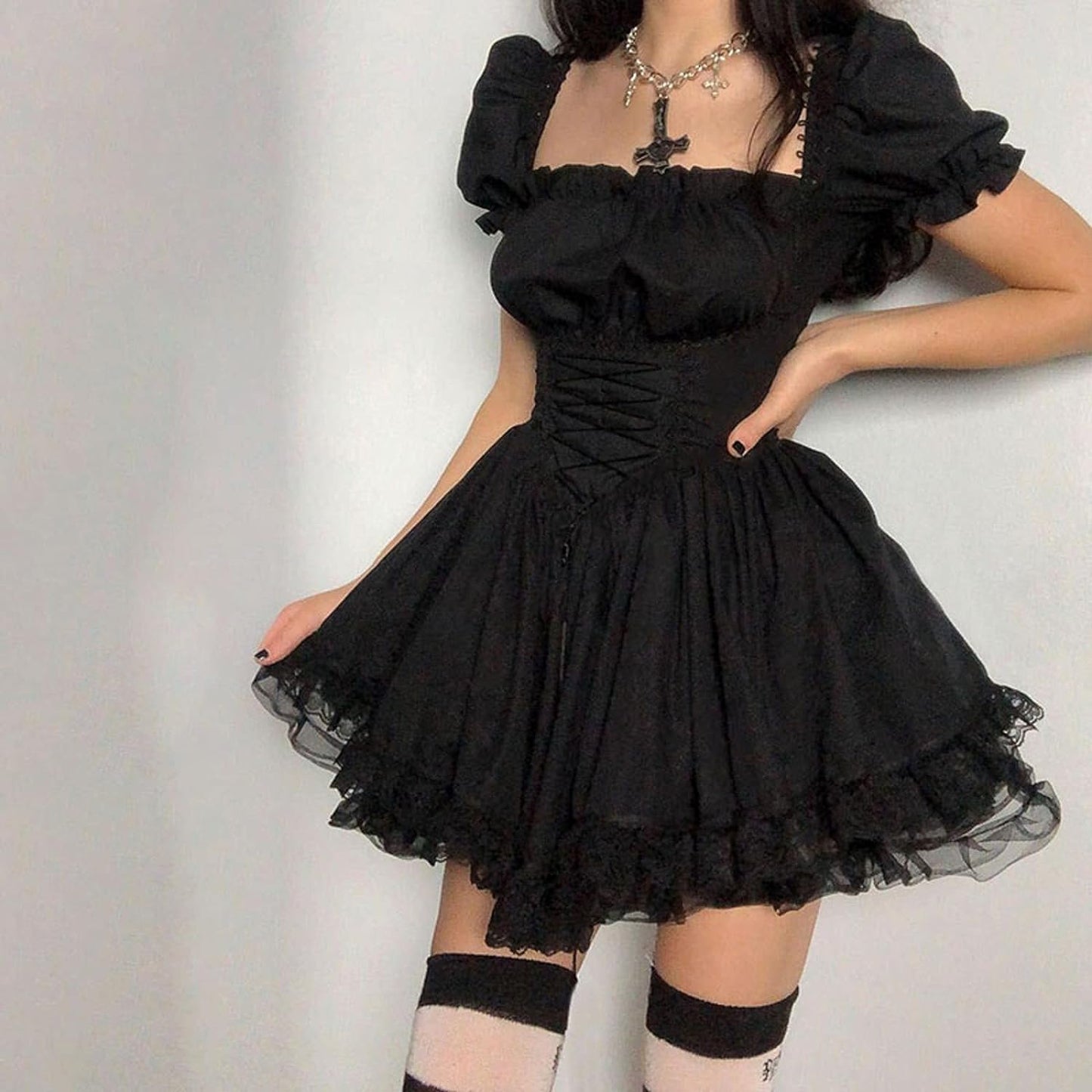 Women'S Gothic Lolita Mini Dresses Vintage Punk Puff Sleeve a Line Swing Short Goth Dress