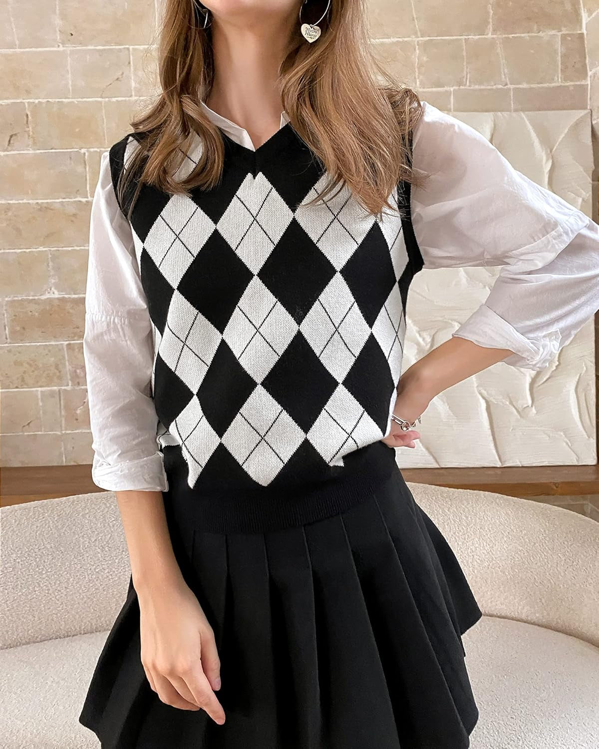 Trendy Argyle Knitted Sweater Vest Soft Comfy Houndstooth Sleeveless Fall Spring