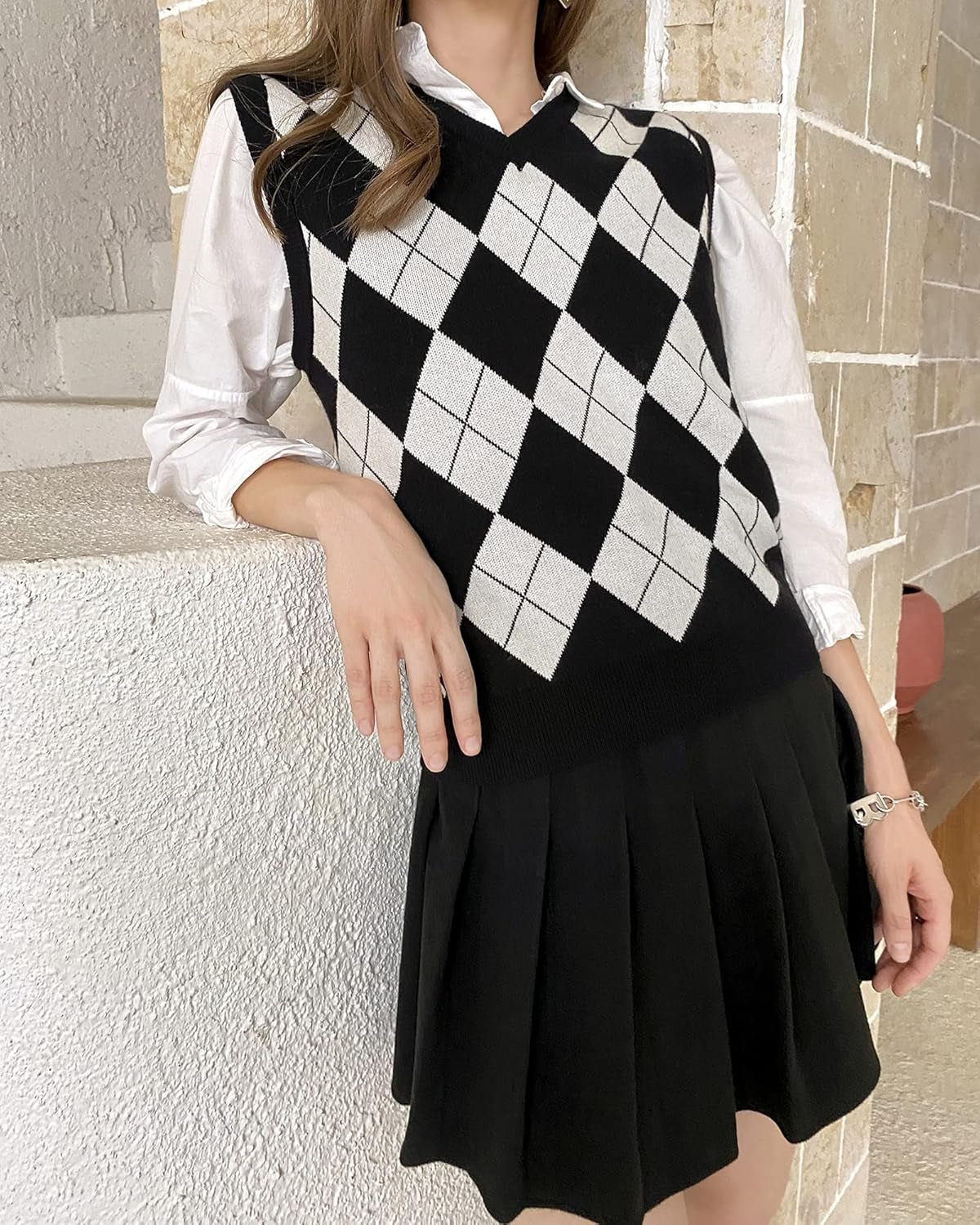 Trendy Argyle Knitted Sweater Vest Soft Comfy Houndstooth Sleeveless Fall Spring