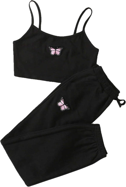 Girl'S 2 Piece Outfit Cami Crop Tops and Sweatpants Set Lounge Set Black 8Y