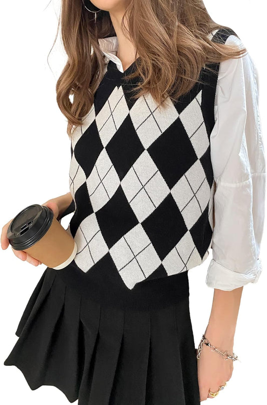 Trendy Argyle Knitted Sweater Vest Soft Comfy Houndstooth Sleeveless Fall Spring