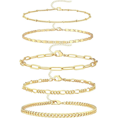 5PCS Ankle Bracelets for Women Teen Girls, 14K Gold Plated Waterproof Layered Cuban Figaro Link Chain Anklets Set Jewelry Gifts