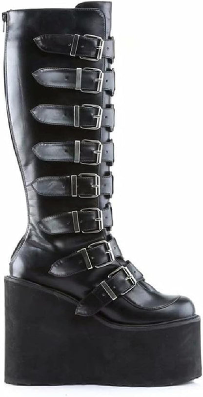 Women'S Punk Goth Platform Boots Buckle Straps Back Zipper Gothic Boots Ladies Rivets Metal Decoration Long Boots Knee High Tall Boots Combat Boots