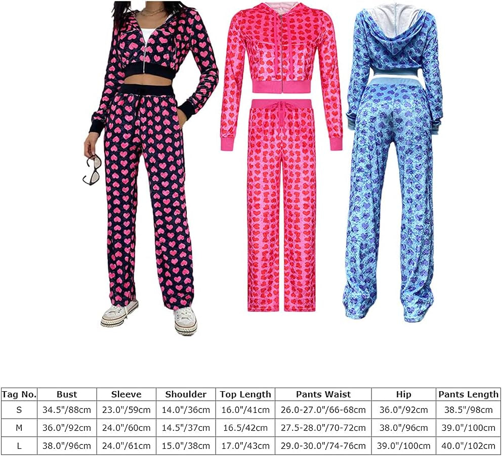 Velour Tracksuit Womens Y2K 2 Piece Outfits 90S Velvet Heart Print Long Sleeve Zip up Hoodie Crop Sweatshirt & Sweatpant Jogging Sweat Suits Red Large