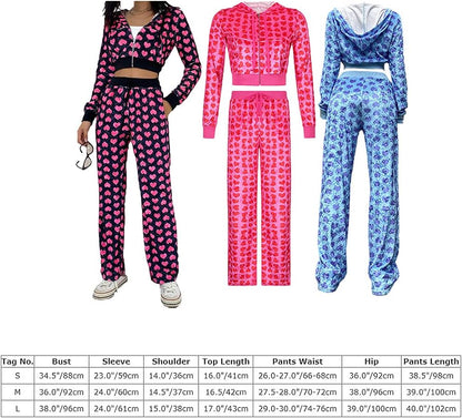 Velour Tracksuit Womens Y2K 2 Piece Outfits 90S Velvet Heart Print Long Sleeve Zip up Hoodie Crop Sweatshirt & Sweatpant Jogging Sweat Suits Red Large