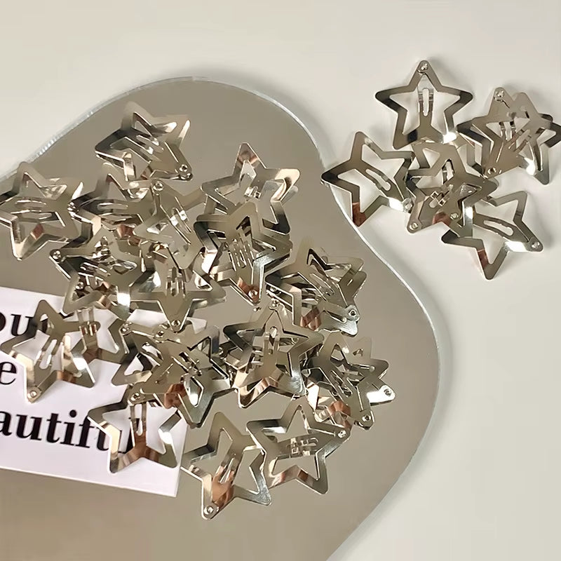 10Pcs Y2K Star Shape Hairpin Side Bang Hair Clips Silver Color BB Clip Headwear Hair Accessories