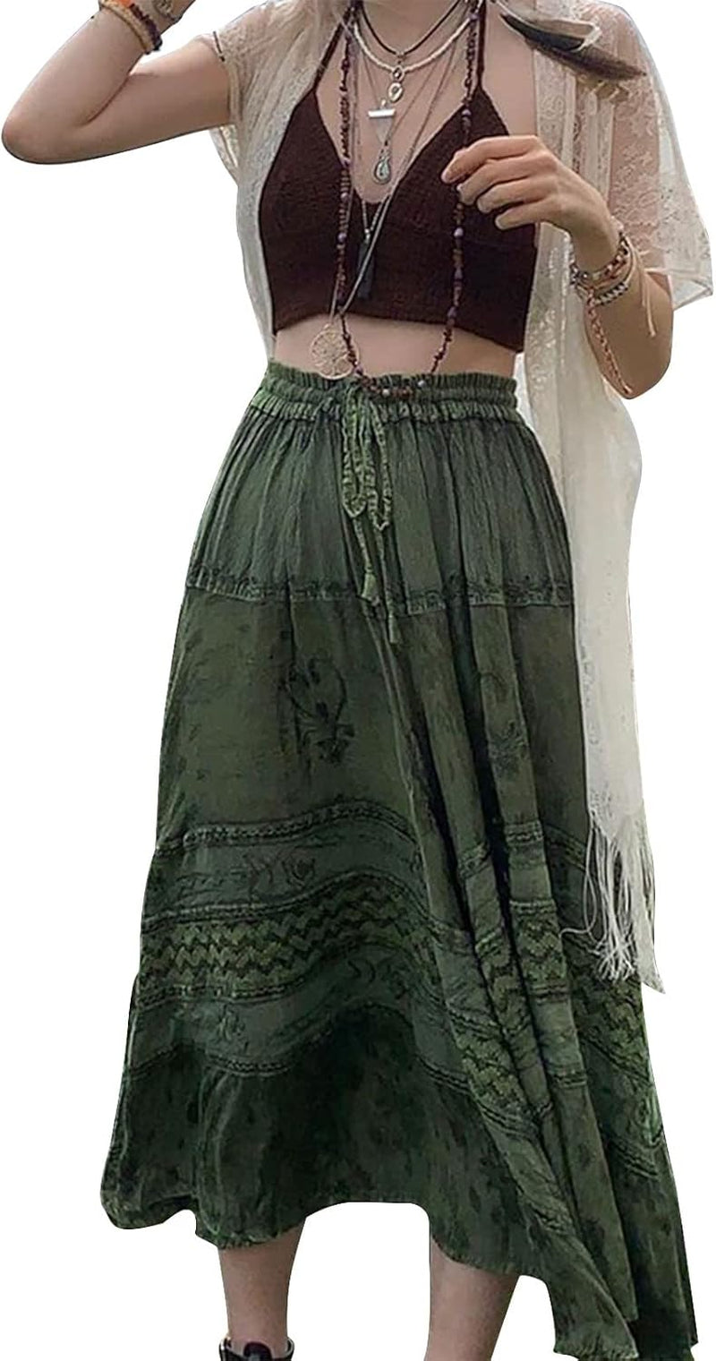 Women Y2K Fairy Grunge Midi Skirt Vintage Boho Elastic Waist a Line Layer Ruffle Swing Maxi Skirt E-Girls Streetwear