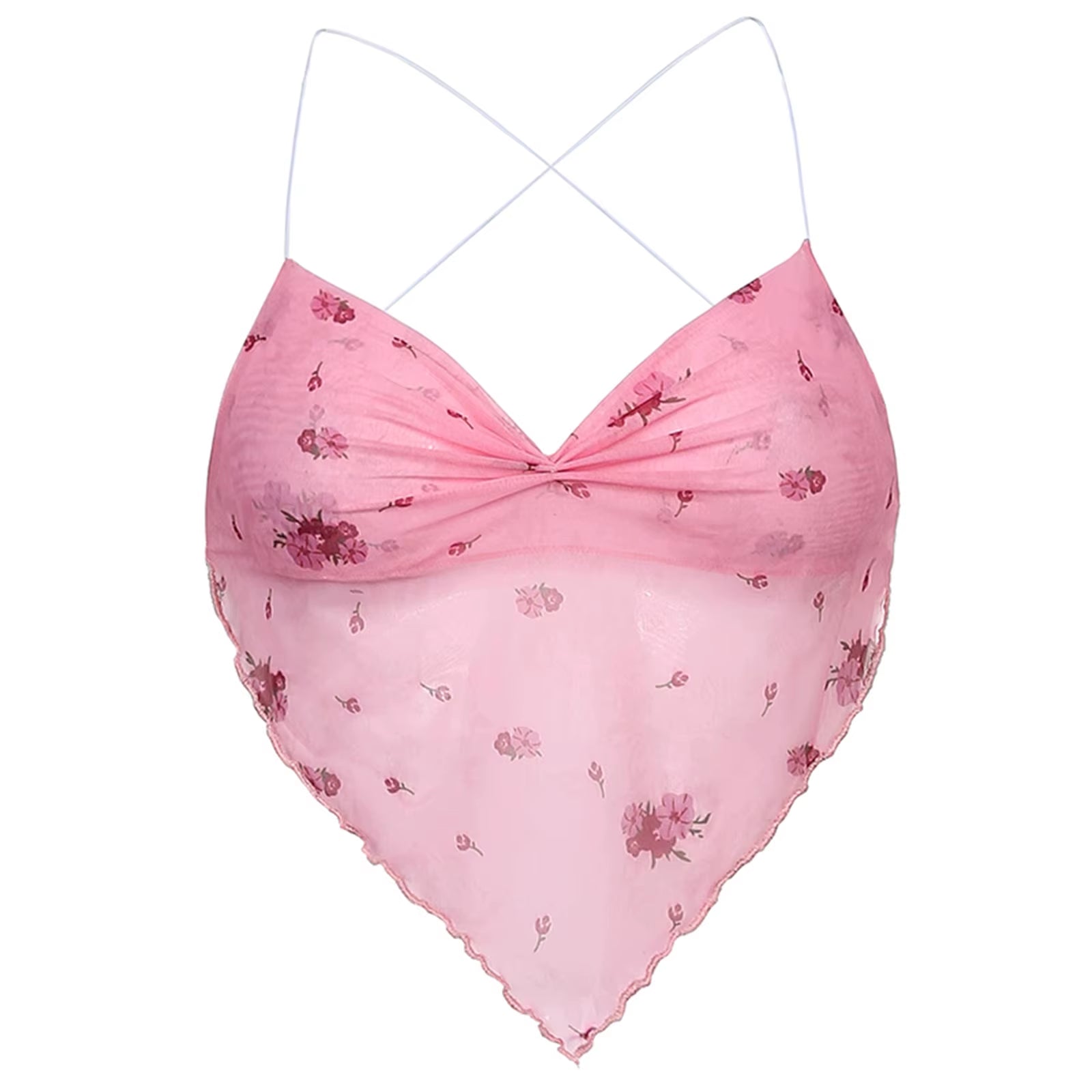 Pink Cute Mesh Halter Tops Women Flower Print Y2K Aesthetic Kawaii Clothes Sleeveless Backless Sexy 2021 Crop Top