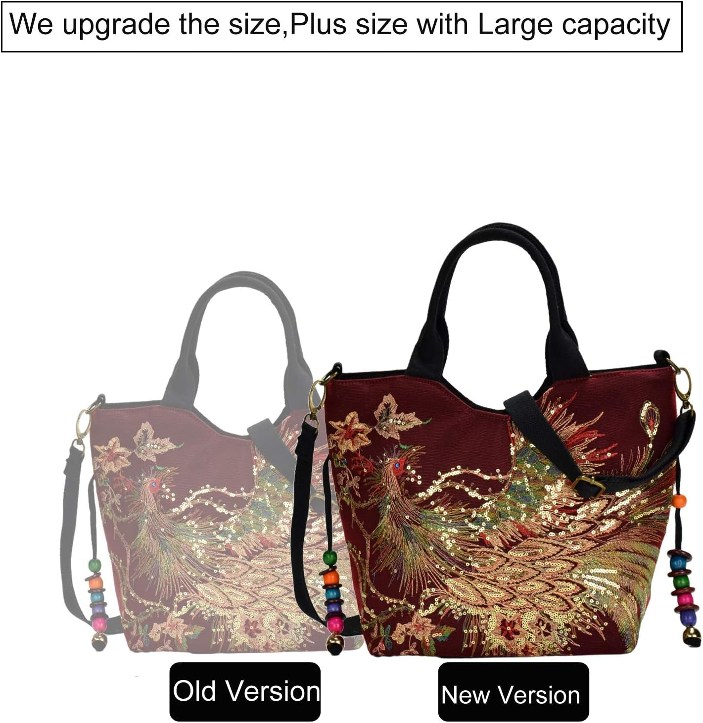 Canavas Shoulder Handbags for Women,Ladies Ethnic Travel Bohemian Bags Tote with Bling Sequins Phoenix Embroidered