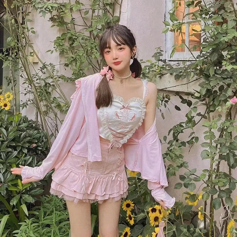 Y2K Summer Sling Tops Heart-Shaped Sweet Cute Girl Kawaii Lace Trim Bow inside a Sling Vest Lolita 90S Aesthetic Crop Top Women