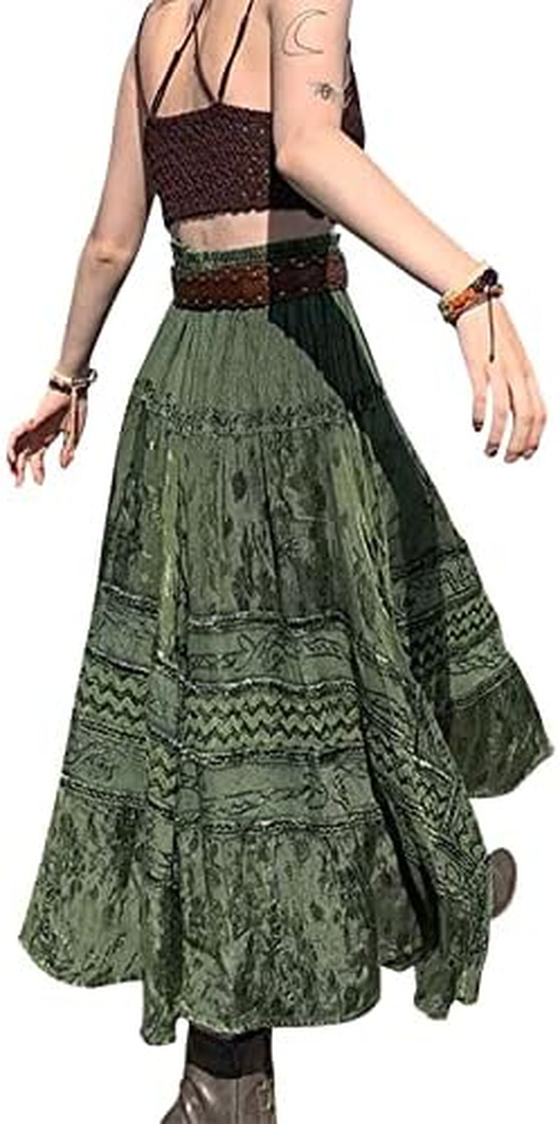 Women Y2K Fairy Grunge Midi Skirt Vintage Boho Elastic Waist a Line Layer Ruffle Swing Maxi Skirt E-Girls Streetwear