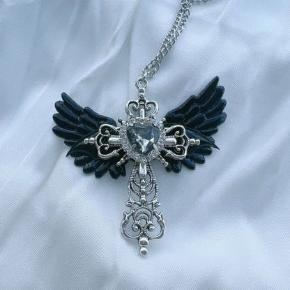 Goth Sexy Accessory Wings Cross Pendant Necklace Y2K Jewelry Heart Crystal Choker Punk Charm Necklace for Women Korean Fashion