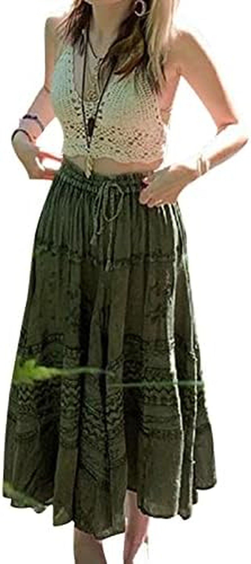 Women Y2K Fairy Grunge Midi Skirt Vintage Boho Elastic Waist a Line Layer Ruffle Swing Maxi Skirt E-Girls Streetwear