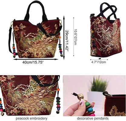 Canavas Shoulder Handbags for Women,Ladies Ethnic Travel Bohemian Bags Tote with Bling Sequins Phoenix Embroidered