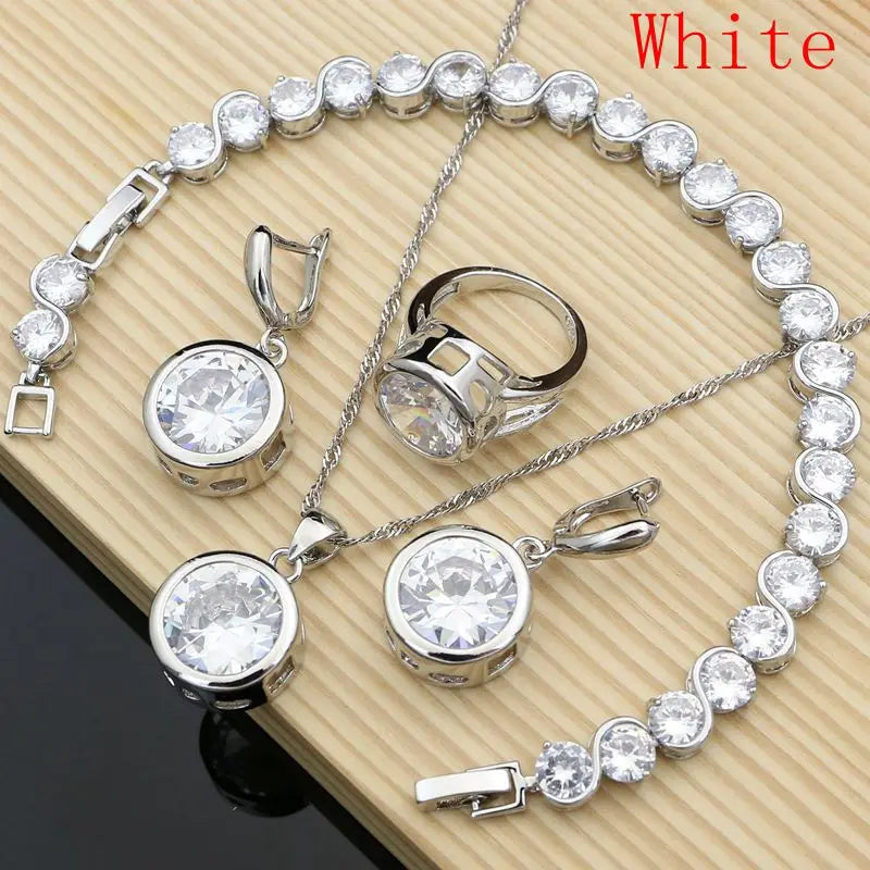 Bride Luxury 925 Silver Jewelry Sets Blue Sapphire for Women Drop Stones Earrings Rings Bracelet Necklace Set Dropshipping